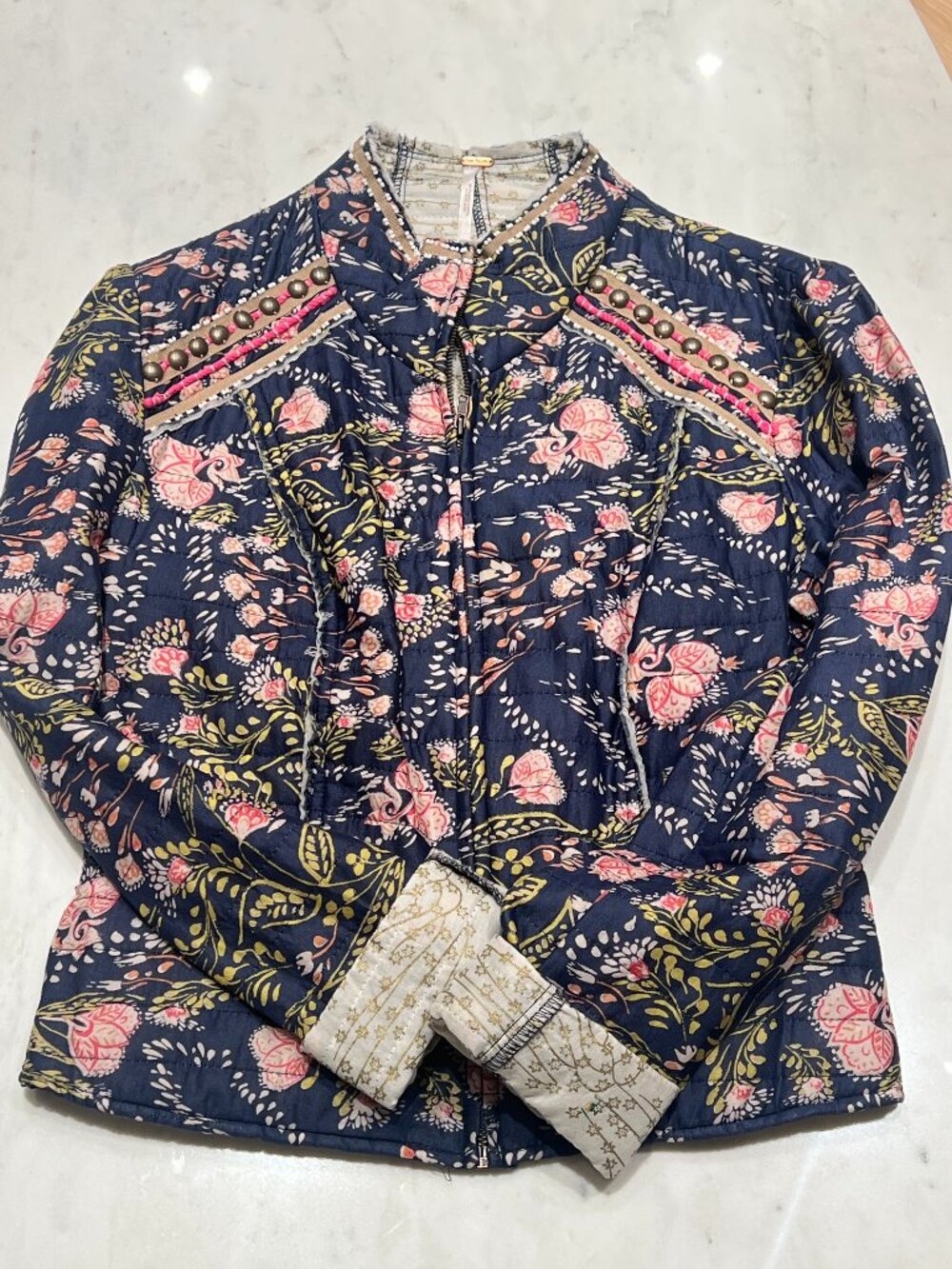 Free People Quilted Floral Jacket Studded Beaded Trim Navy Pink XS